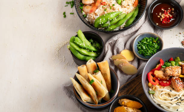 istock Asian food background with various ingredients on white background , top view. 1687899644