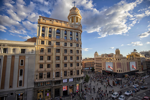 Gran Via street at sunset, Madrid, Spain. Crowd of people at Callao Square.