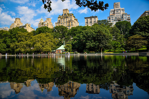 Conservatory Water is a pond located in a natural hollow within Central Park in Manhattan, New York City. It is located west of Fifth Avenue, centered opposite East 74th Street.