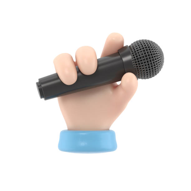 istock Cartoon Gesture Icon Mockup.Cartoon hand holding microphone.3D rendering on white background. 1687903536