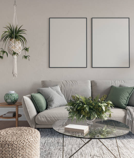 istock Modern mock up interior design of cozy living room with green decorative elements, 3d rendering 1687903727