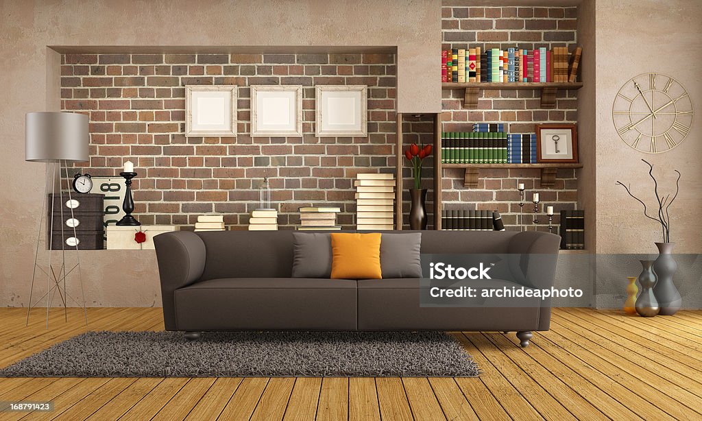 Modern couch in a vintage living room Brown sofa in a vintage living room - rendering Bookshelf Stock Photo