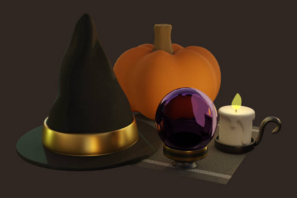 3d rendering pumpkins, candle, hat and ball glass - witch voodoo smiling bizarre imagens e fotografias de stock