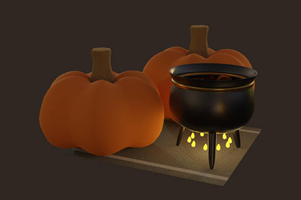 3d rendering pumpkins and witch's cauldron - witch voodoo smiling bizarre imagens e fotografias de stock