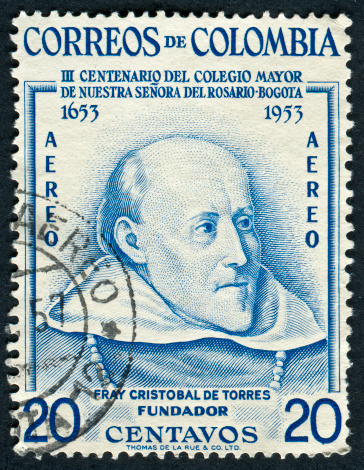 Cancelled Stamp From Colombia Featuring Father Cristobal De Torres.  He Was A Dominican Priest And Reformer From Spain That Settled In Bogota, Colombia.