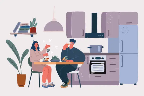 Vector illustration of Cartoon illustration of Family have a lunch. Couple sitting in the kitchen and having a meal together.