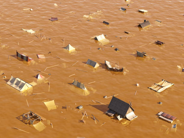 inondazioni mortali in libia. vista drone di un piccolo villaggio sommerso dalle acque alluvionali. - floodwaters foto e immagini stock