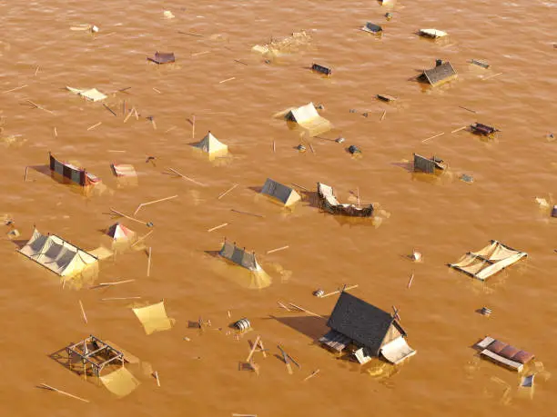 Deadly floods in Libya. Drone view of a small village submerged in floodwaters. Heavy rains from the Mediterranean storm Daniel have led to flooding throughout eastern Libya. A climate catastrophe, 3D mixed media illustration