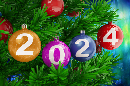 2024  Ornaments on Christmas Tree . 2024 New Year Concept. 3D Render