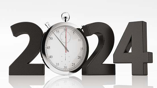 2024 with a Metal Chronometer. 2024 New Year Concept. 3D Render