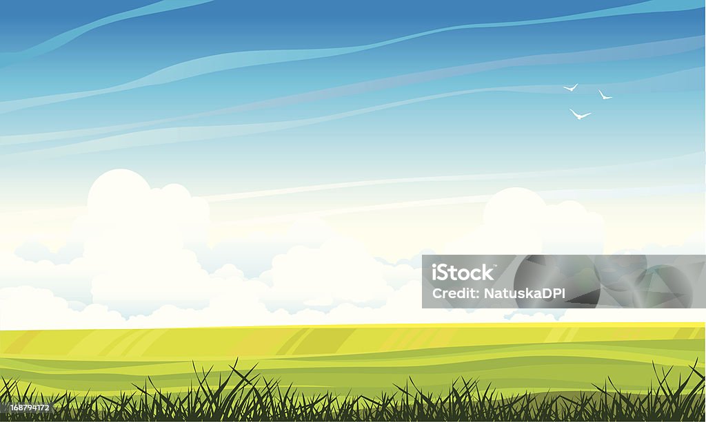 Paisaje de verano con prado y nubes - arte vectorial de Aire libre libre de derechos