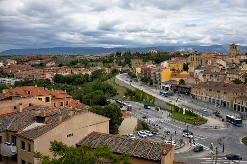 View of the city of Segovia with the Roman stone aqueduct, Spain