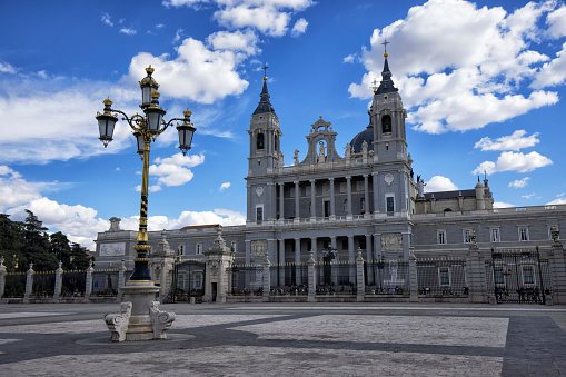 Exterior view of Almudena Cathedral, Madrid, Spain.