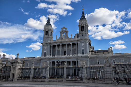Exterior view of Almudena Cathedral, Madrid, Spain.
