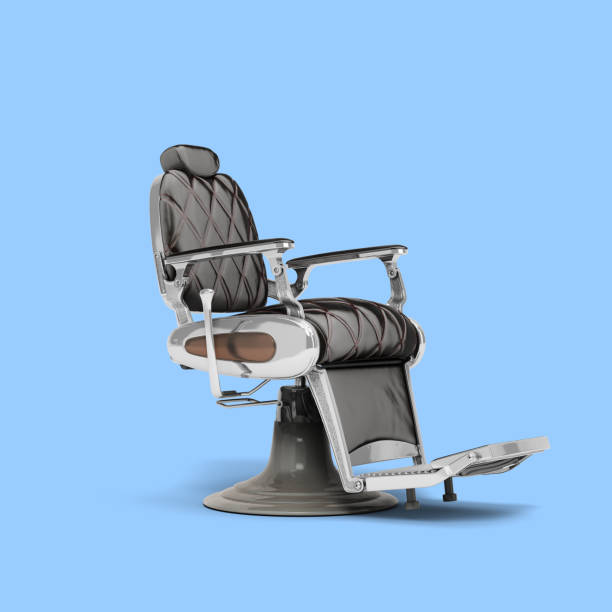 istock Retro black leather barber chair with chrome inserts perspective view 3d render on blue 1687960678