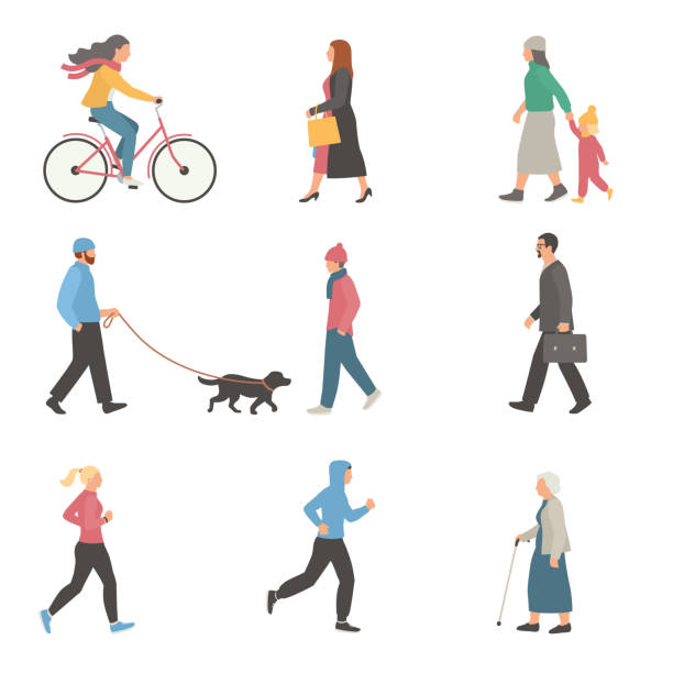 Collection of walking people in warm clothes Vector Illustrations of people going somewhere, walking or running in warm clothes cartoon of the physical fitness stock illustrations