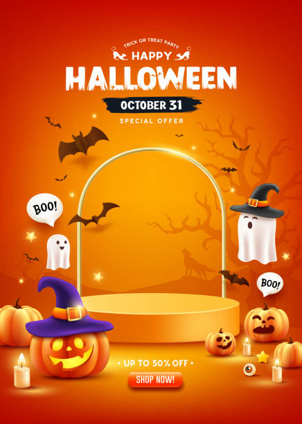 Feliz Halloween venda pódio laranja, abóbora, fantasma, vela, e morcego no design do folheto do cartaz laranja - ilustração de arte em vetor