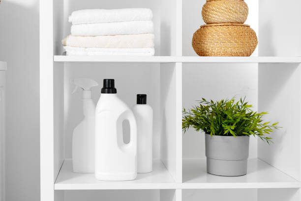 istock Liquid detergents and basket on shelf in laundry room 1688002017