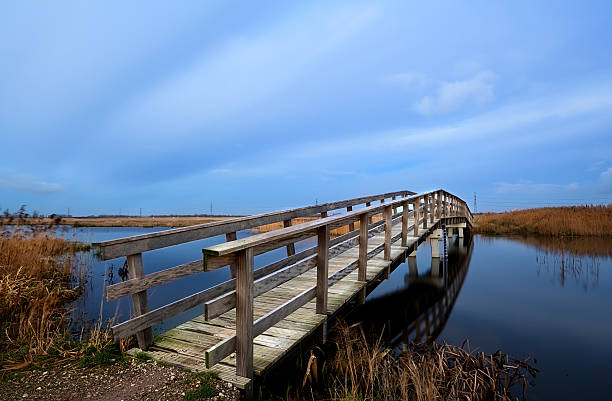 istock wooden bridge over river in dusk 168800428