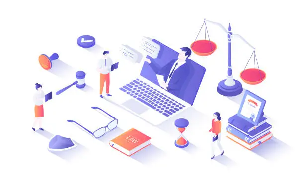 Vector illustration of Legal Advice and Aid. Online services. A professional lawyer gives consultation through a laptop. Law and justice concept. Isometry illustration with people scene for web graphic.