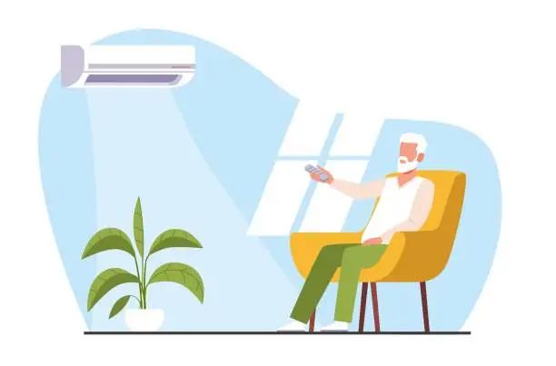 Vector illustration of Old man relaxing in armchair in home, turns on air conditioner. Modern technology for house, home appliance, climate control. Cooling equipment cartoon flat style isolated vector concept