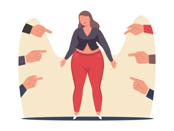 Vector illustration of Unhappy full woman who is shamed and bullied. Sad person being body shamed feeling self conscious. Violence victim. People point fingers. Cartoon flat style isolated vector concept