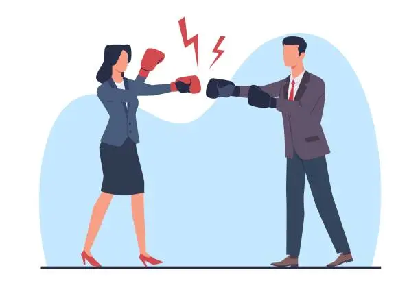 Vector illustration of Businessman and woman in boxing gloves fighting each other. Male and female business characters in suit. Confrontation between partner or colleague. Cartoon flat isolated vector concept