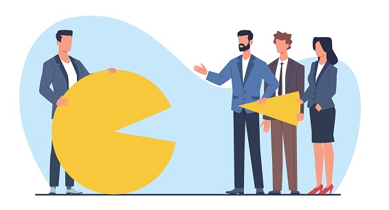 Business gaining larger market share, businessman holds most of chart. Earn high percentage, economic financial profit. Successful company. Cartoon flat style isolated illustration. Vector concept