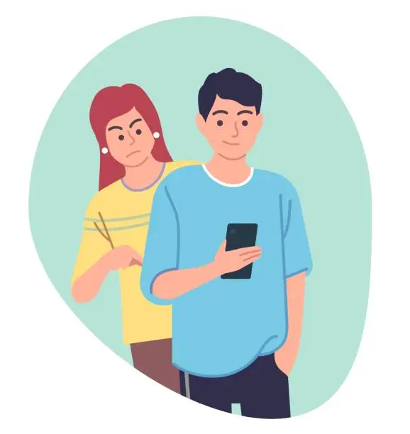 Vector illustration of Curious girl tries to sneak peek at phone of guy who uses social media on his smartphone. Mistrust and suspicion in relationships. Informational espionage. cartoon flat isolated vector concept