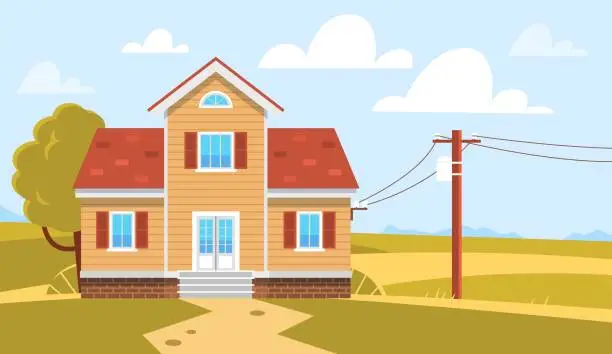 Vector illustration of Electricity supply of private house. Cables and transformers, high voltage electricity grid pylons, distribution power energy and supply. Cartoon flat style isolated vector concept