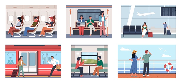 Passenger characters. People travel by train, bus and subway, public transport interior, persons standing and sitting. Urban transportation cartoon flat style isolated illustration, nowaday vector set