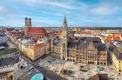Panoramic view of Munich with Neo-Gothic City Hall and Frauenkirche church