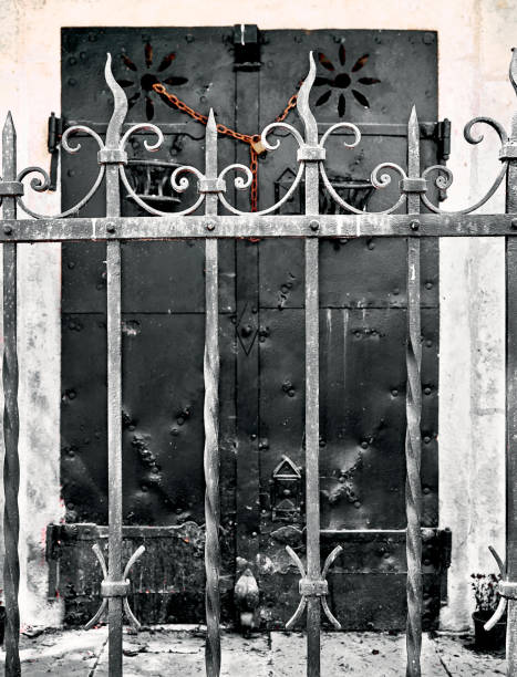dark gate halloween, gothic effect of a crypt. old iron gate with iron fence in front. - lock door horror gate imagens e fotografias de stock