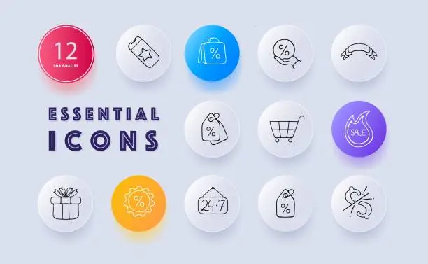 Vector illustration of Discounts line icon. Cashback, tag, bonuses, sale, black friday, coupon. Neomorphism style. Vector line icon