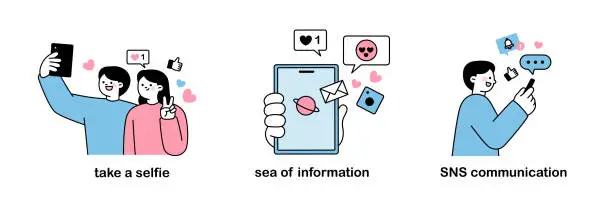 Vector illustration of Smartphones and social media. Taking selfies, ocean of information, social network communication.