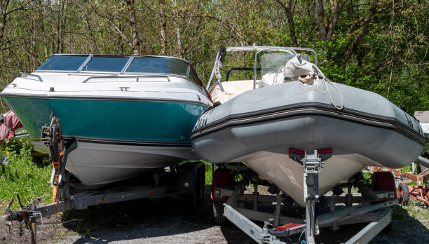 istock Two motor boats on trailers at parking 1688048892