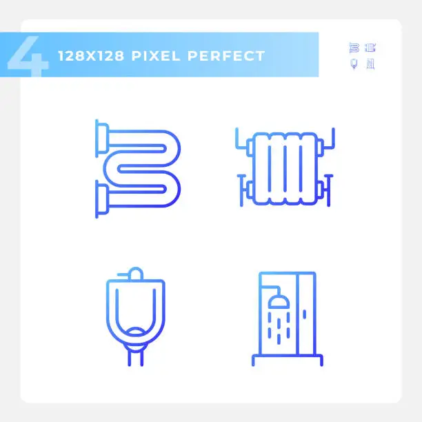 Vector illustration of 2D gradient pixel perfect blue plumbing icons