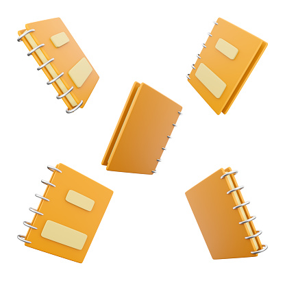 3d rendering yellow notepad icon set. 3d render Notebook consisting of loose sheets of writing paper different positions icon set.