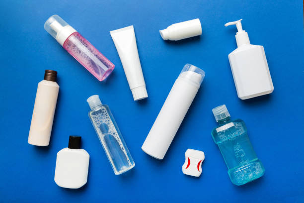 istock Mockup for bathing products top view flat lay, spa razor, toothpaste, soap, gel and other various accessories. Cosmetics for skin health. Bath Mockup for your logo 1688069159