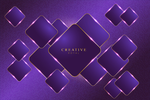 Purple and gold luxury background. Geometric shapes with shimmering golden lines, dotted surface. Modern elegant template, vector illustration, bright vibrant color.