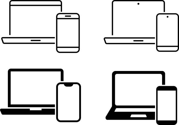 illustrations, cliparts, dessins animés et icônes de ensemble vectoriel d’icônes simples de smartphone et d’ordinateur - ordinateur portable