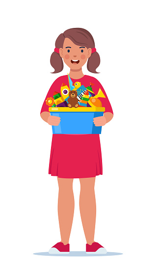 Happy girl kid holding toy box full of toys. Cubes, whirligig, duck, ball rattle, pyramid, pipe, bear, ball, rocket, tambourine boat Vector illustration