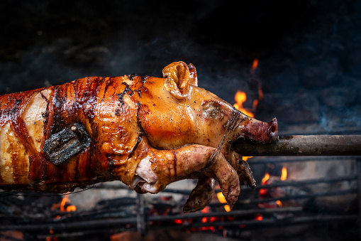 Pig roasted on turning stick