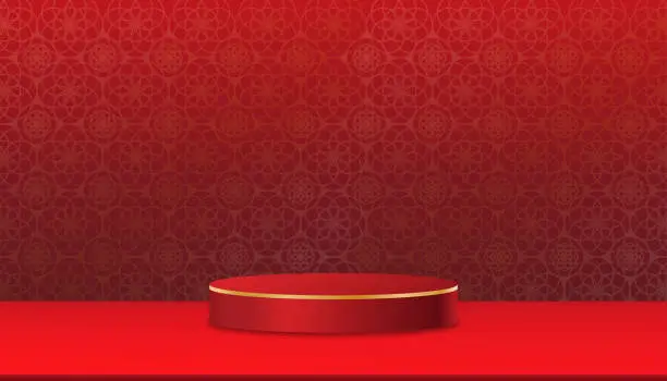 Vector illustration of Red Background 3d Studio room with shelf on red lunar wallpaper background,Vector minimal design Mid Autumn Festival with Asian Art Style for backdrop shooting, product presentation,Chinese New Year