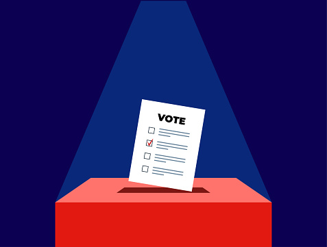 Puts voting ballot in ballot box. Voting and election concept. Vector illustration