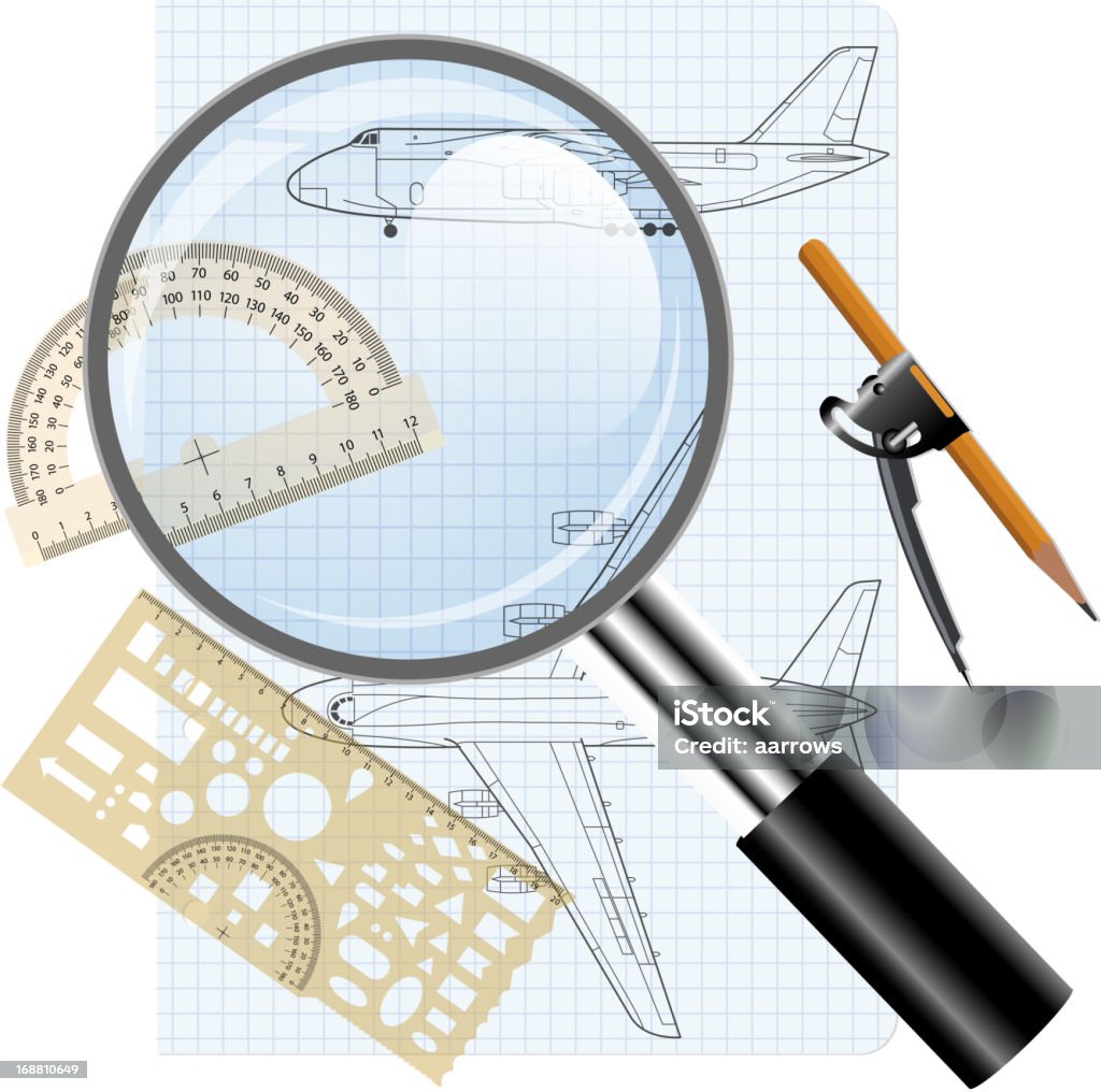 Lupe, Zeichnung Flugzeug - Lizenzfrei Ausrüstung und Geräte Vektorgrafik