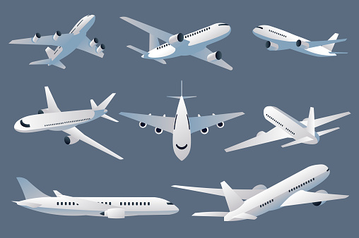 Passenger aircraft mega set elements in flat design. Bundle of flying planes with aviation turbine wings, airplanes in front, takeoff or landing views. Vector illustration isolated graphic objects