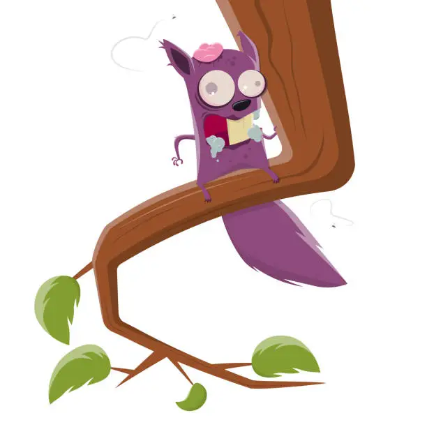 Vector illustration of funny cartoon zombie squirrel sitting in a tree