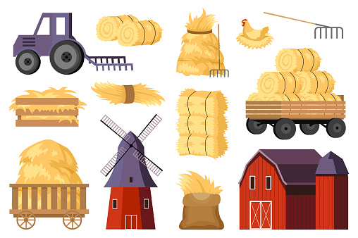 Hay bales at farm mega set elements in flat design. Bundle of tractor, barn, windmill, wheelbarrows and crate, straw in rolls, heaps and stacks of hay. Vector illustration isolated graphic objects