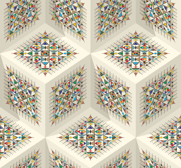 Al-Qatt Al-Asiri isometric pattern 20 Decorative geometric repeating pattern inspired by Al-Qatt Al-Asiri traditional paintings, isometric cube vector pattern arabic majlis background stock illustrations